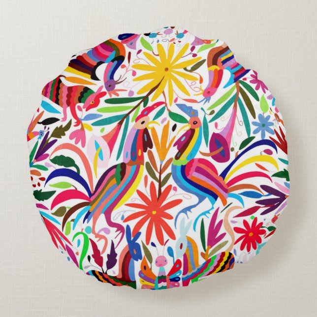 Colorful Otomi Print, Floral/Animal Pattern Round Pillow (Back)