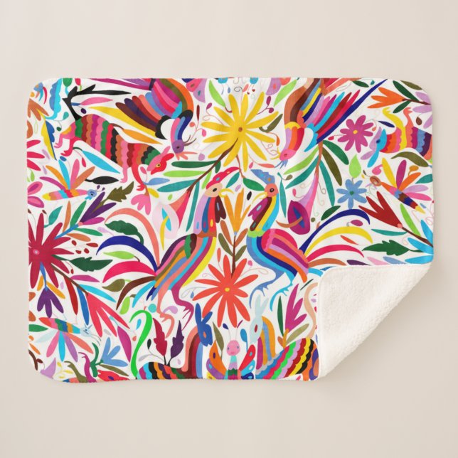 Colorful Otomi Print, Floral/Animal Pattern Sherpa Blanket (Front (Horizontal))