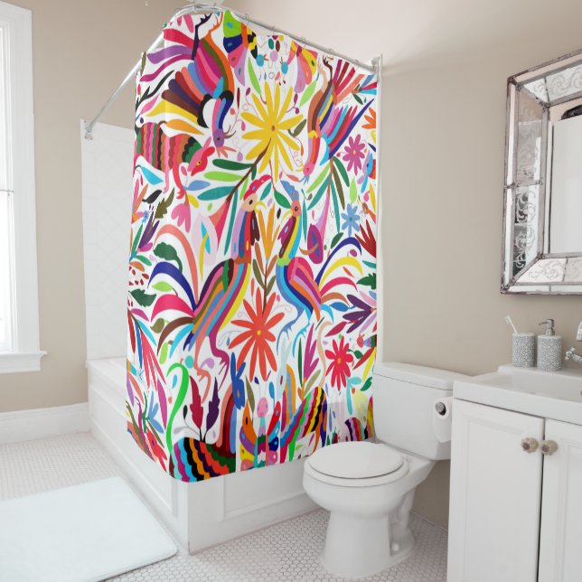 Colorful Otomi Print, Floral/Animal Pattern Shower Curtain (In Situ)