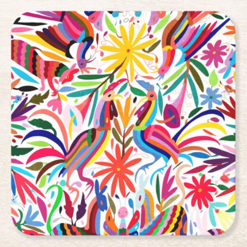 Colorful Otomi Print FloralAnimal Pattern Square Paper Coaster