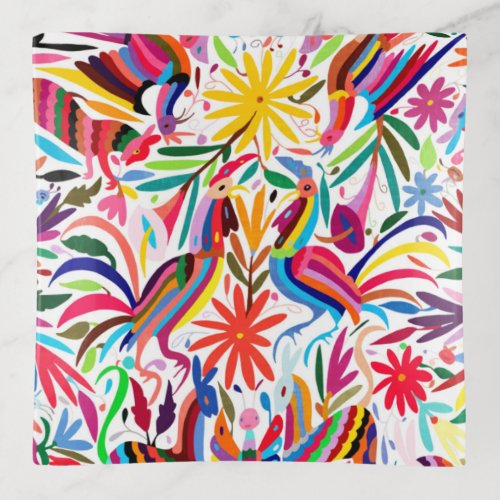 Colorful Otomi Print FloralAnimal Pattern Trinket Tray
