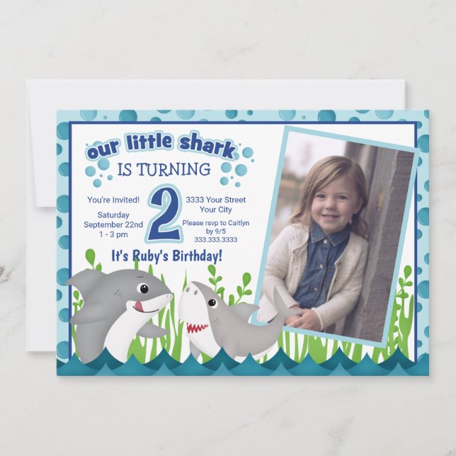 Colorful Our Little Shark Ocean Photo 2nd Birthday Invitation (Front)