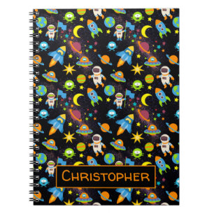 Colorful Outer Space Astronaut Rockets Black Notebook