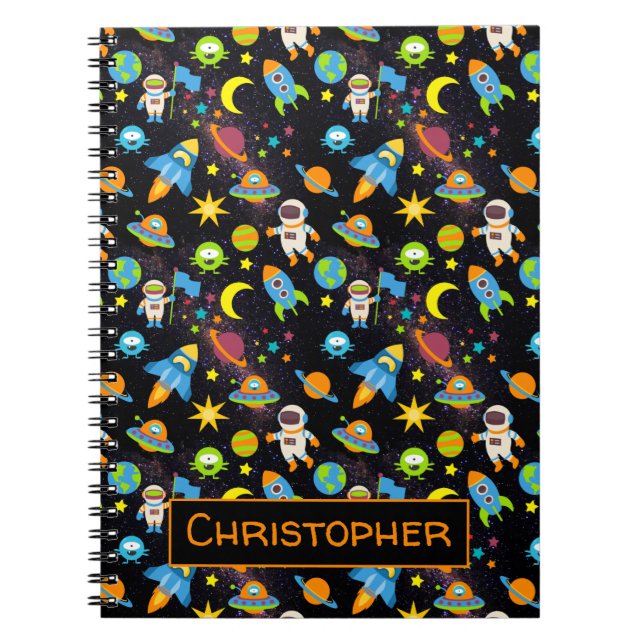 Colorful Outer Space Astronaut Rockets Black Notebook (Front)