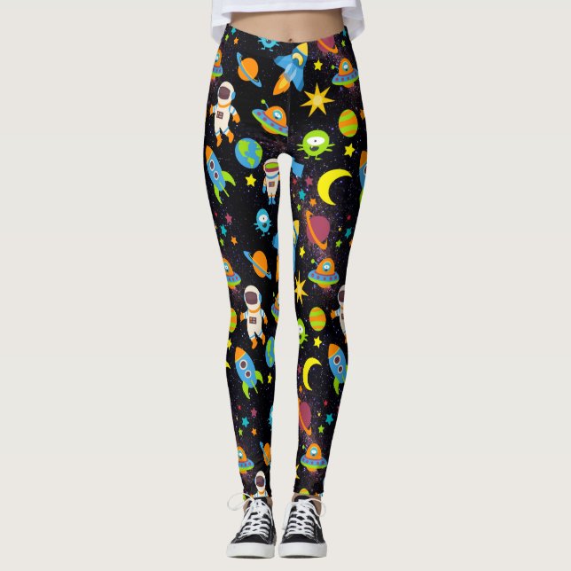 Colorful Outer Space Black Leggings (Front)