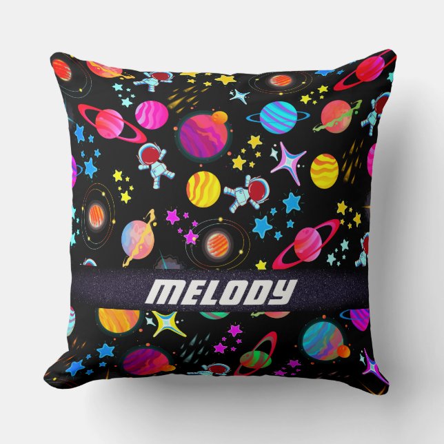 colorful outer space planet galaxy stars pattern throw pillow (Front)