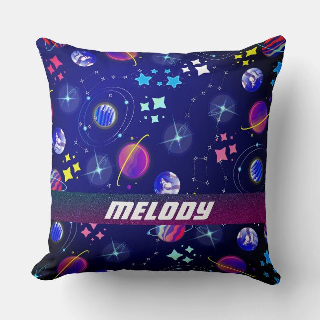 colorful outer space planets galaxy stars blue throw pillow (Front)