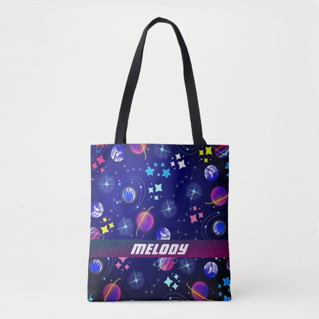 colorful outer space planets galaxy stars pattern tote bag (Front)