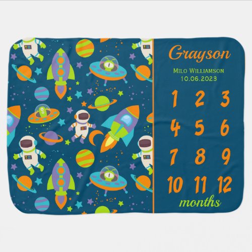 Colorful Outer Space Rocket Milestone Baby Blanket