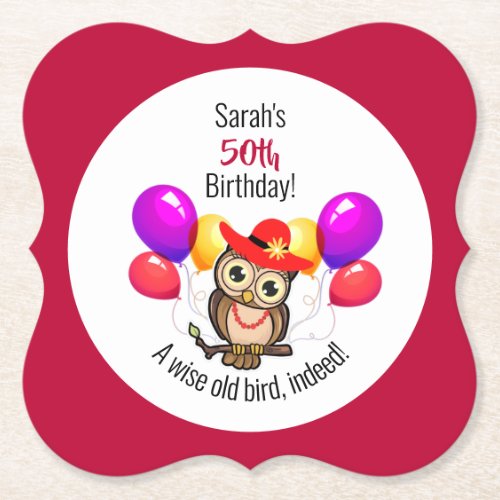 Colorful Owl 50th Personalized Birthday  Paper Coaster