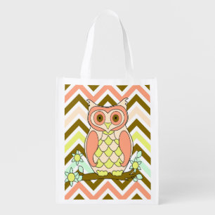 Colorful Owl Against Chevron Reusable Grocery Bag