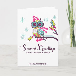 Colorful Owl and Snowflakes Holiday Card