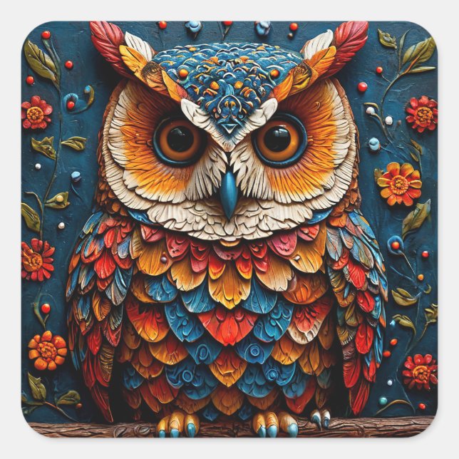 🦉 Colorful Owl Artistic Wildlife Gift 🦉 Square Sticker (Front)
