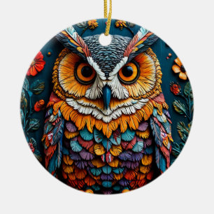 Colorful Owl Artwork With Intricate Detail Ceramic Ornament