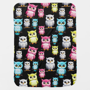Colorful Owl Birds Black Background Pattern Baby Blanket