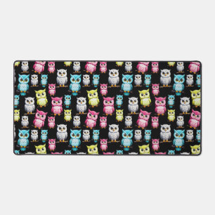 Colorful Owl Birds Black Background Pattern Desk Mat