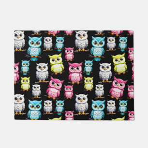 Colorful Owl Birds Black Background Pattern Doormat