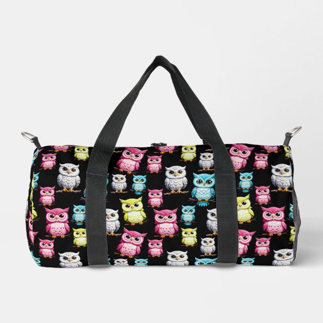 Colorful Owl Birds Black Background Pattern  Duffle Bag (Front)