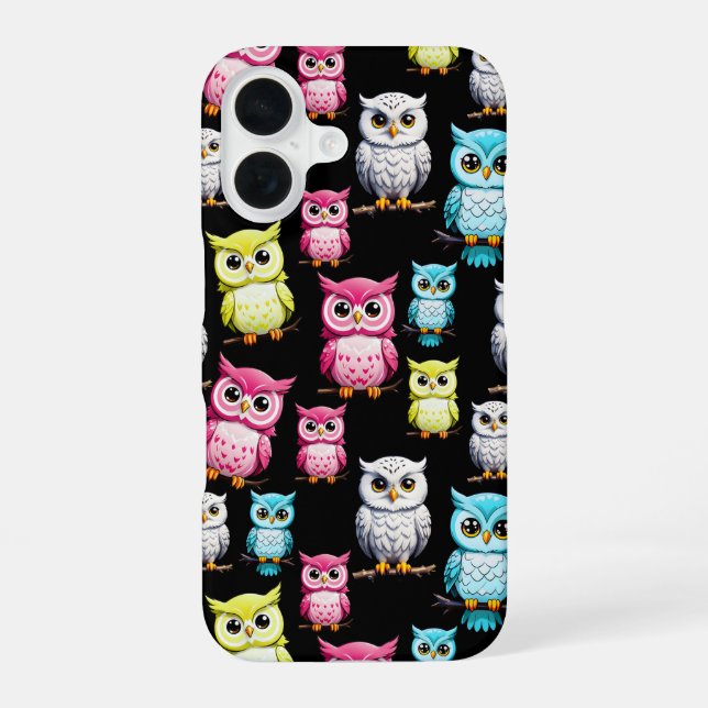 Colorful Owl Birds Black Background Pattern  Iphone Case (Back)