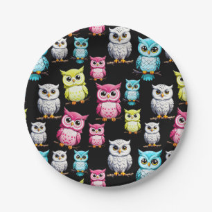 Colorful Owl Birds Black Background Pattern Paper Plates