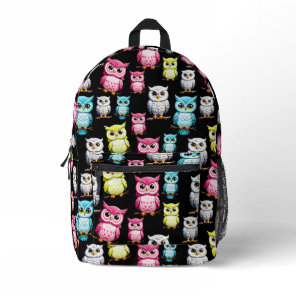 Colorful Owl Birds Black Background Pattern  Printed Backpack