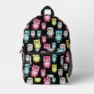 Colorful Owl Birds Black Background Pattern Printed Backpack
