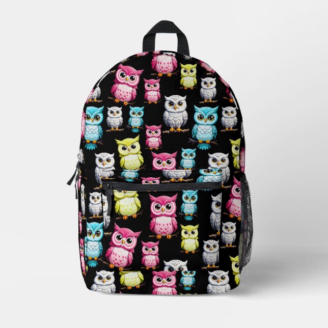 Colorful Owl Birds Black Background Pattern  Printed Backpack (Front)