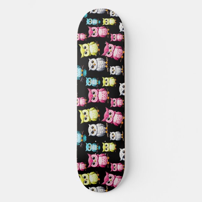 Colorful Owl Birds Black Background Pattern  Skateboard (Front)