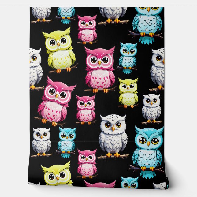 Colorful Owl Birds Black Background Pattern  Wallpaper (Unrolling)