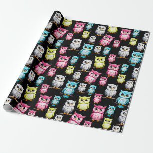 Colorful Owl Birds Black Background Pattern Wrapping Paper