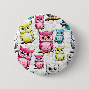 Colorful Owl Birds White Background Pattern Button