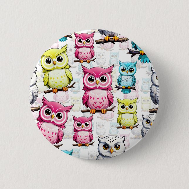 Colorful Owl Birds White Background Pattern  Button (Front)