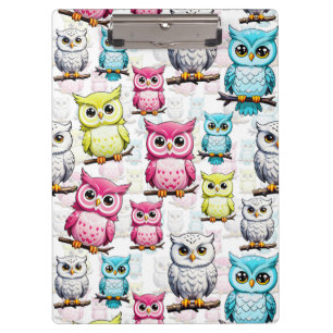 Colorful Owl Birds White Background Pattern Clipboard
