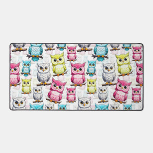 Colorful Owl Birds White Background Pattern Desk Mat