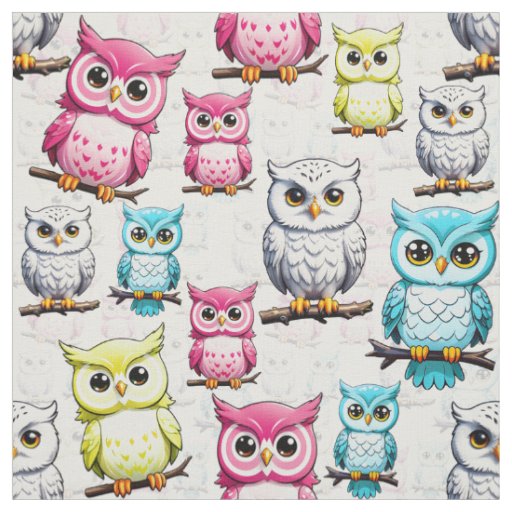 Colorful Owl Birds White Background Pattern  Fabric