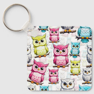 Colorful Owl Birds White Background Pattern  Keychain