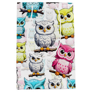 Colorful Owl Birds White Background Pattern Medium Gift Bag