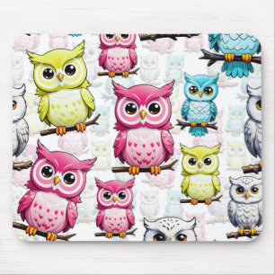 Colorful Owl Birds White Background Pattern Mouse Pad