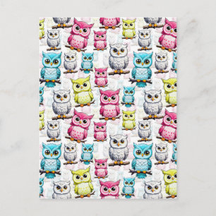Colorful Owl Birds White Background Pattern Postcard