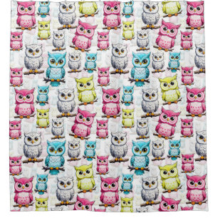 Colorful Owl Birds White Background Pattern  Shower Curtain