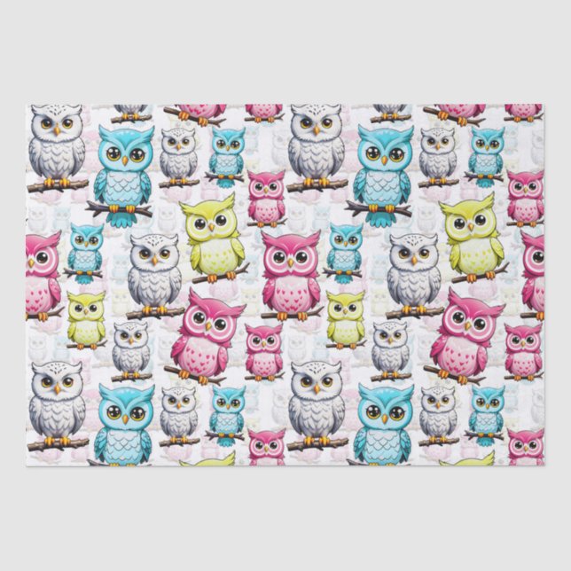 Colorful Owl Birds White Background Pattern  Tissue Paper (Front)