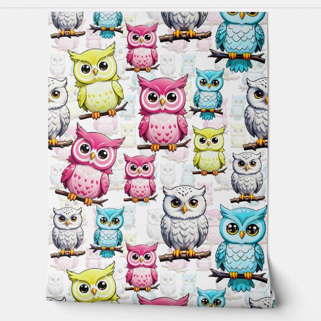 Colorful Owl Birds White Background Pattern  Wallpaper (Unrolling)