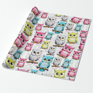 Colorful Owl Birds White Background Pattern Wrapping Paper
