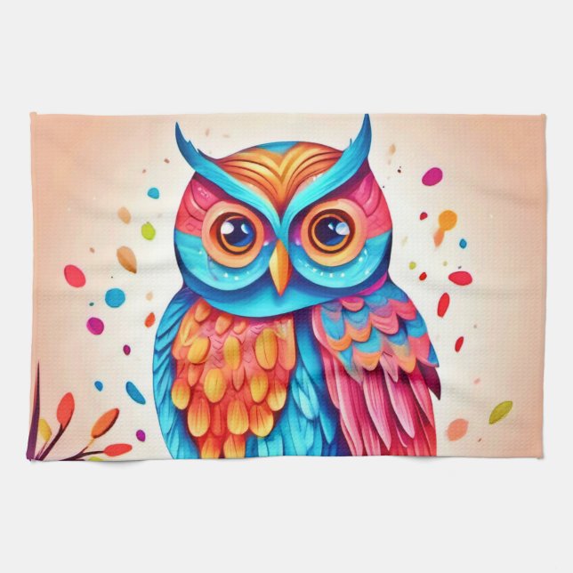 Colorful Owl Branch Art Kitchen Towel (Horizontal)