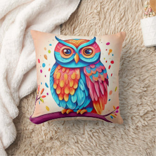 Colorful Owl Branch Art Throw Pillow