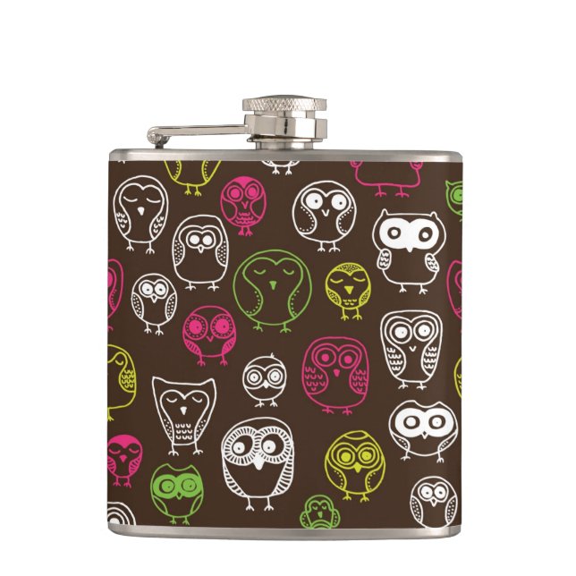 Colorful owl doodle background pattern flask (Front)