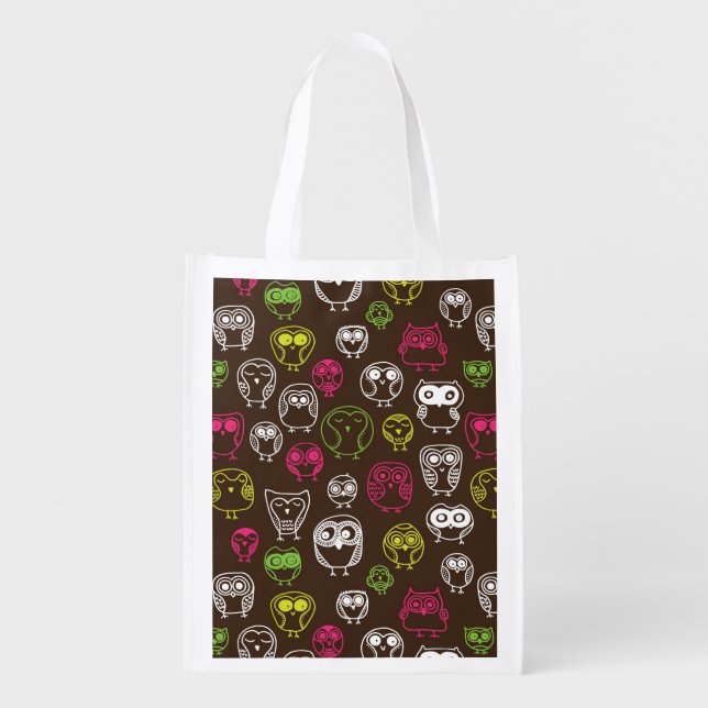 Colorful owl doodle background pattern reusable grocery bag (Front)