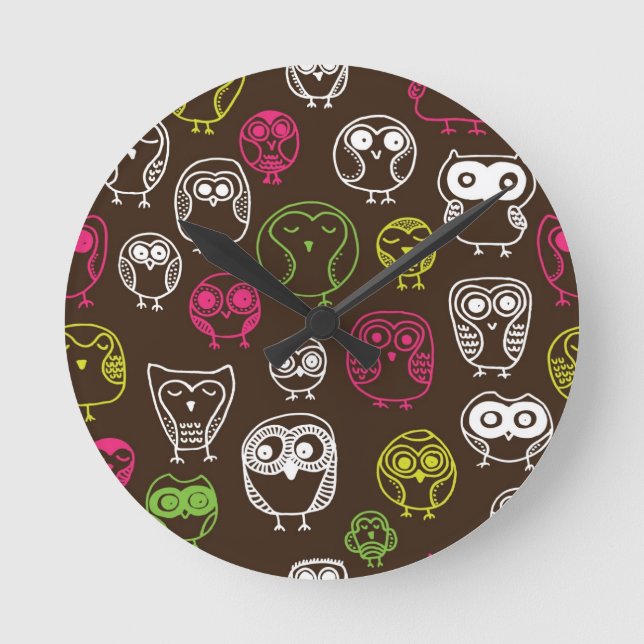 Colorful owl doodle background pattern round clock (Front)