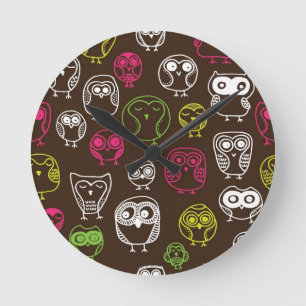 Colorful owl doodle background pattern round clock