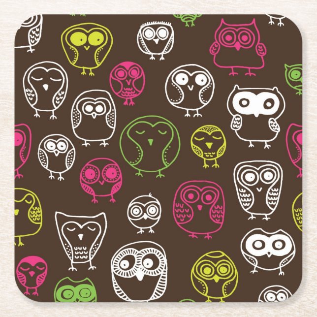 Colorful owl doodle background pattern square paper coaster (Front)